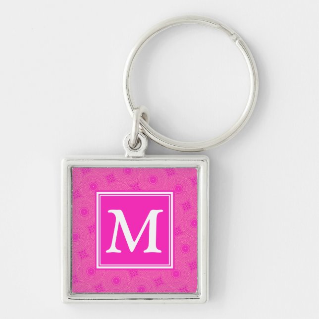 Monogram shock rosa circles mönster fyrkantig silverfärgad nyckelring (Framsidan)