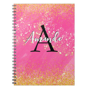Monogram Shock rosa Glitter Lägg till ditt namn + Anteckningsbok