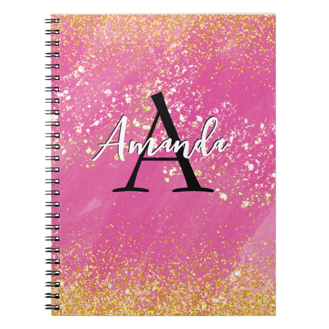 Monogram Shock rosa Glitter Lägg till ditt namn +  Anteckningsbok (Framsidan)