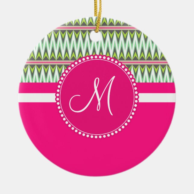 Monogram Shock rosa Grönt Aztec Andes Tribal Zig Z Julgransprydnad Keramik (Framsidan)