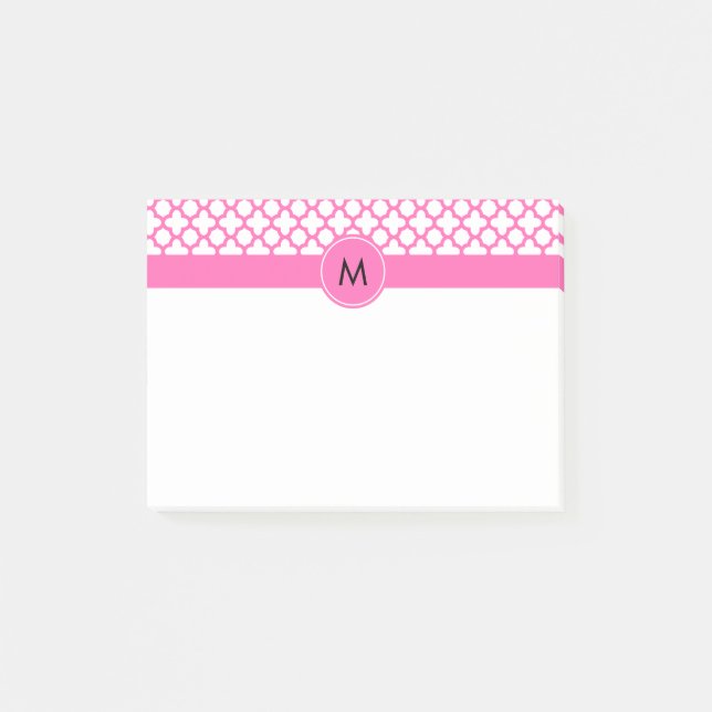 Monogram Shock rosa Quatrefoil Mönster Post-it Block (Framsida)