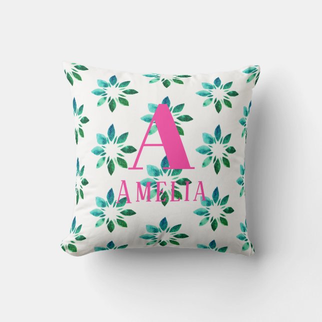 Monogram Shock rosa Retro Blommigt vattenfärg för  Kudde (Framsida)