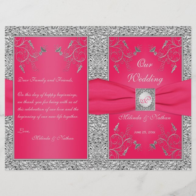Monogram Shock rosa, Silver Blommigt Bröllopsprogr (Framsida)