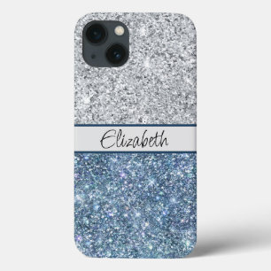 Monogram Silver Blå Glitter Trendig Chic Stilig
