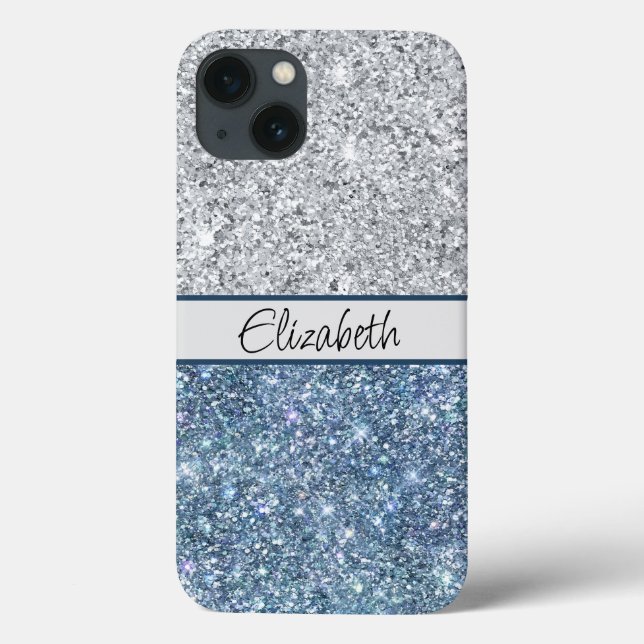 Monogram Silver Blå Glitter Trendig Chic Stilig (Baksida)