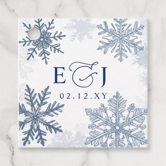 Monogram Silver Blå Snöflingor Vinter Bröllop Gåvor Etiketter (Framsida)