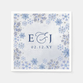 Monogram Silver Blå Snöflingor Vinter Bröllop Pappersservett