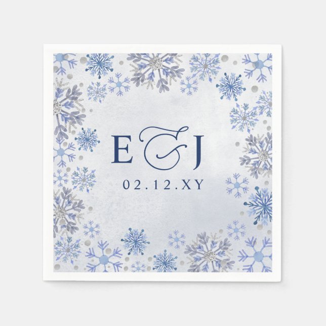 Monogram Silver Blå Snöflingor Vinter Bröllop Pappersservett (Framsidan)