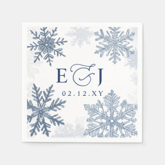 Monogram Silver Blå Snöflingor Vinter Bröllop Pappersservett