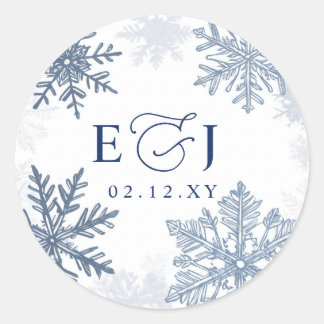 Monogram Silver Blå Snöflingor Vinter Bröllop Runt Klistermärke