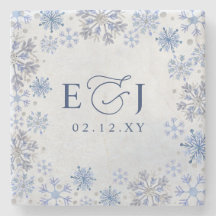 Monogram Silver Blå Snöflingor Vinter Bröllop