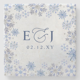Monogram Silver Blå Snöflingor Vinter Bröllop Stenunderlägg