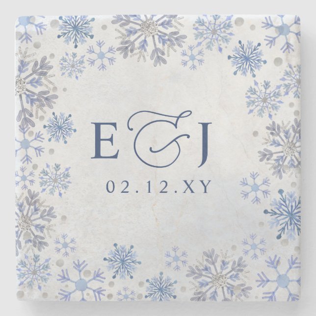Monogram Silver Blå Snöflingor Vinter Bröllop Stenunderlägg (Framsidan)