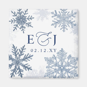 Monogram Silver Blå Snöflingor Vinterbröllop Magnet