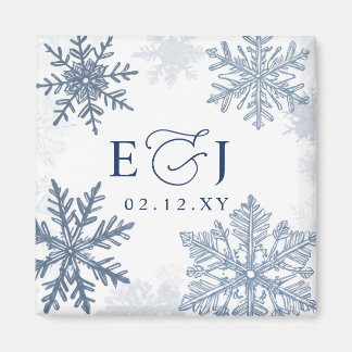 Monogram Silver Blå Snöflingor Vinterbröllop Magnet