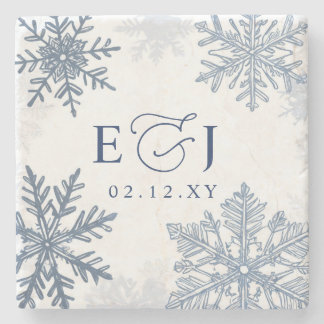 Monogram Silver Blå Snöflingor Vinterbröllop Stenunderlägg