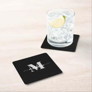 Monogram Silver Black White Personal Underlägg Papper Kvadrat