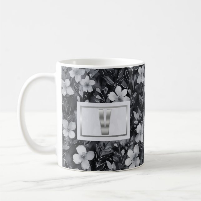 Monogram Silver Bokstav Blommig Akvarell Kaffemugg (Vänster)