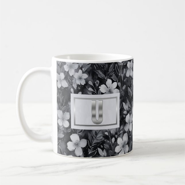 Monogram Silver Bokstav Blommig Akvarell Kaffemugg (Vänster)