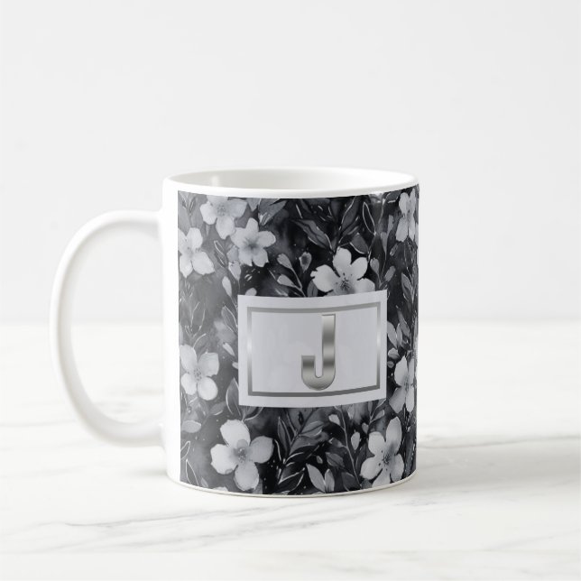 Monogram Silver Brev Blommigt Watercolor Kaffemugg (Vänster)
