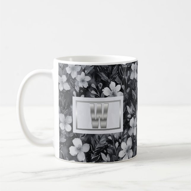 Monogram Silver Brev Blommigt Watercolor Kaffemugg (Vänster)