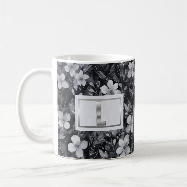 Monogram Silver Brev Blommigt Watercolor Kaffemugg (Vänster)