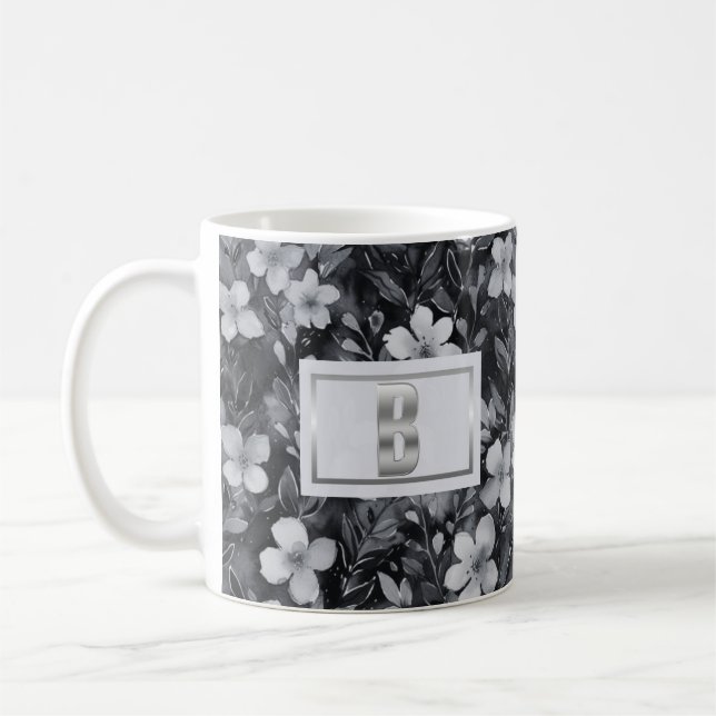Monogram Silver Brev Blommigt Watercolor Kaffemugg (Vänster)