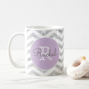 Monogram Silver Chevron Mönster Lavender Lila Kaffemugg