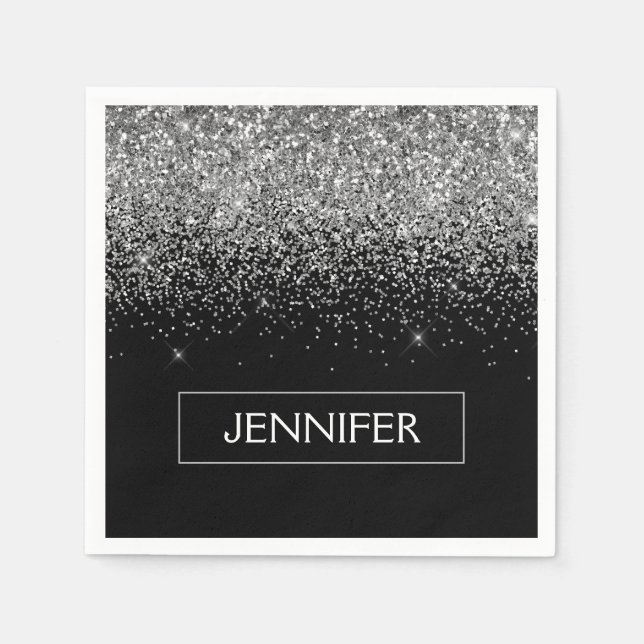 Monogram Silver Glam Glitter Gnistra Namn Pappersservett (Framsidan)