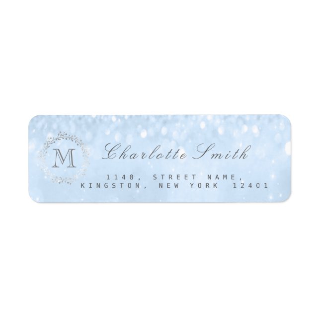 Monogram Silver Glitter Blue-Returetiketter Returadress Etikett (Framsidan)