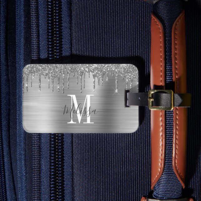 Monogram Silver Glitter Drip Borstad Metall Bagagebricka (Framsida Insitu 4)