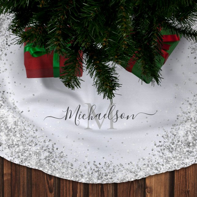Monogram Silver Glitter Girly Glam Julgransmatta Borstad Polyester (Monogram Silver Glitter Girly Glam Brushed Polyester Tree Skirt)