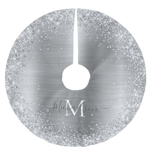 Monogram Silver Glitter Girly Glam Julgransmatta Borstad Polyester (Framsidan)