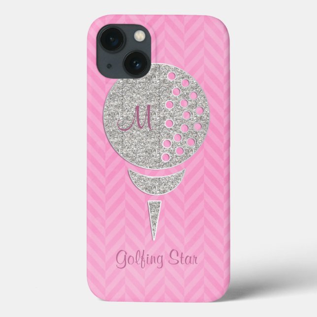 Monogram Silver Glitter Golf Boll om Rosa Chevron (Baksida)