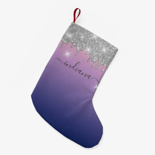 Monogram Silver Glitter Helgdag Keepsaké Lila Liten Julstrumpa