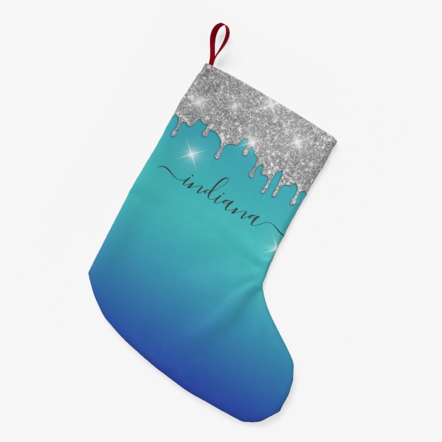 Monogram Silver Glitter Holiday Script Minnessak Liten Julstrumpa (Framsidan (Hängande))