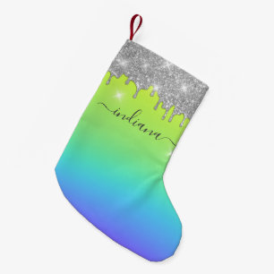 Monogram Silver Glitter Holiday Script Namn Ombre Liten Julstrumpa