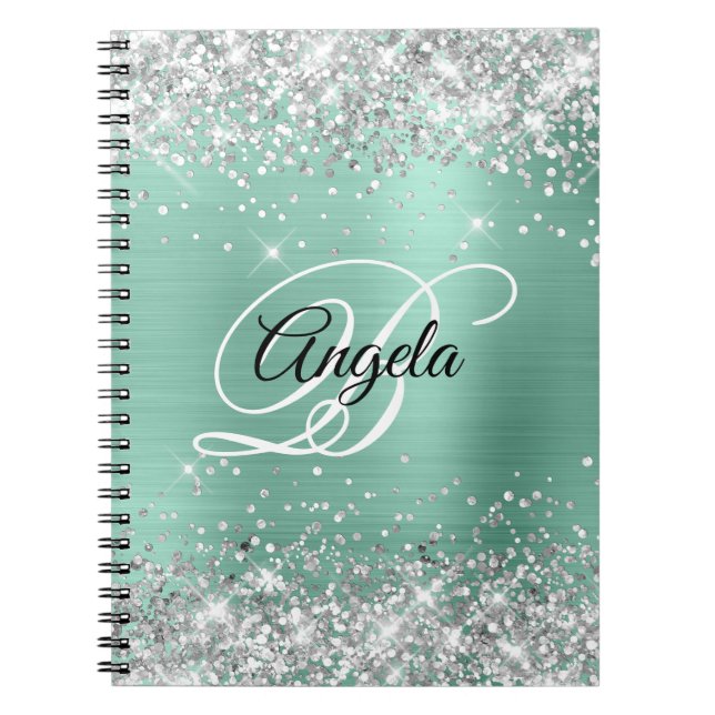 Monogram silver Glitter Light Teal Metallic Finare Anteckningsbok (Framsidan)