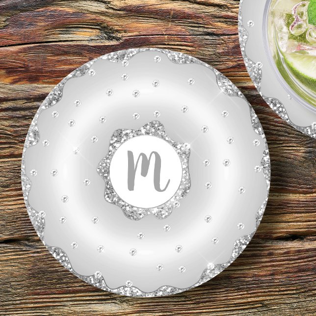 Monogram silver glitter munk stilig script feminin underlägg papper rund (Skapare uppladdad)