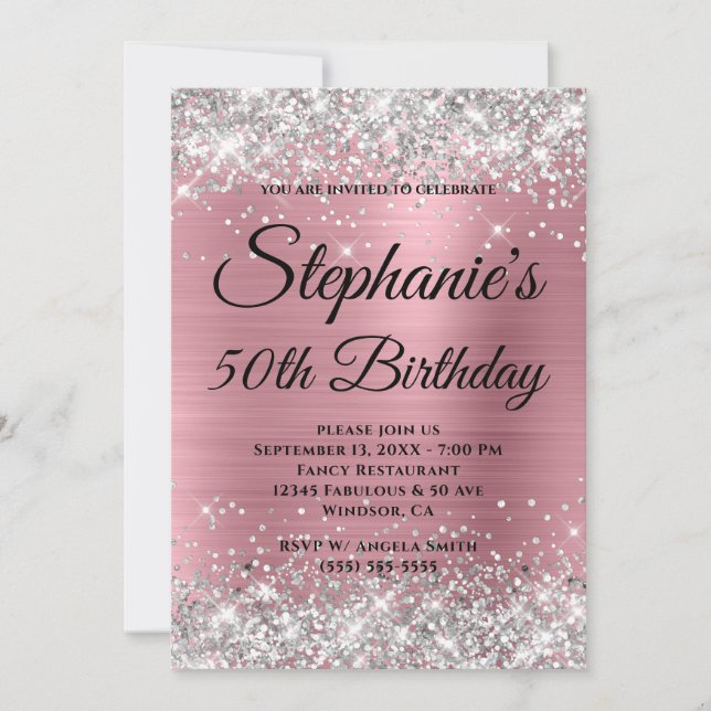 Monogram silver Glitter och Rosa Foil Finare Inbjudningar (Framsida)