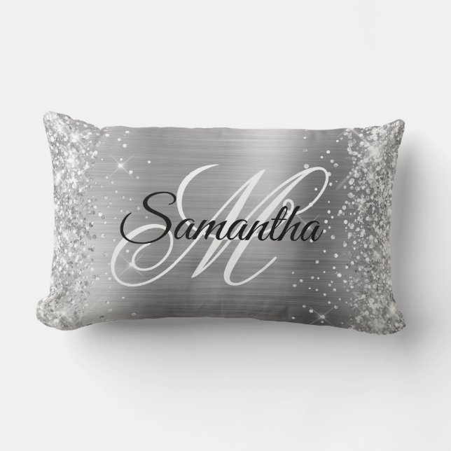 Monogram silver Glitter och shiny Satin Foil Finar Lumbarkudde (Framsida)