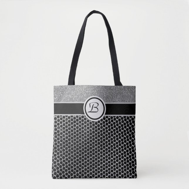 Monogram Silver Glitter och Svart Fashion Chic Tygkasse (Framsida)