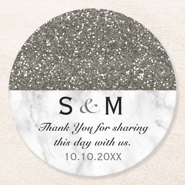 Monogram Silver Glitter och Vita Marble Bröllop Underlägg Papper Rund (Framsidan)