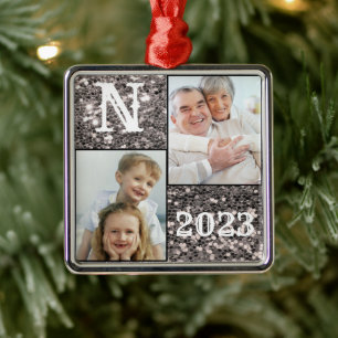 Monogram Silver Glitter Photo jul Helgdag Julgransprydnad Metall