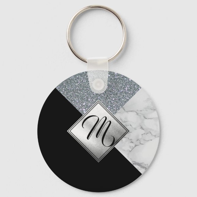 Monogram - Silver Glitter, Svarta havet och Marble Nyckelring (Framsida)