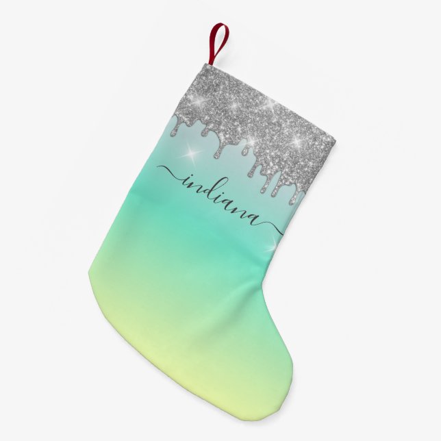 Monogram Silver Glitter Turquoise Ombre Namn Liten Julstrumpa (Framsidan (Hängande))