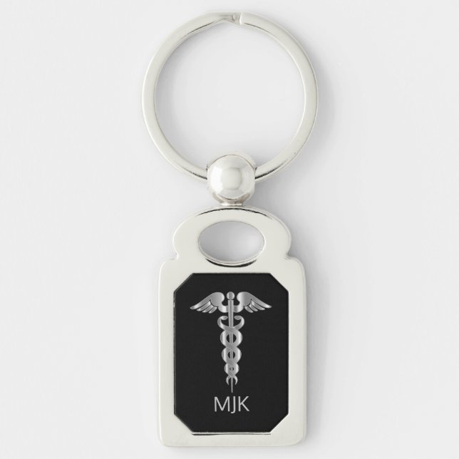 Monogram Silver Kaduceus   Rektangulärt Silverfärgad Nyckelring (Framsidan)