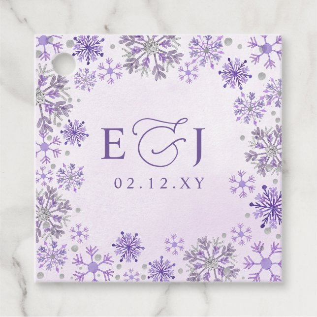 Monogram Silver Lila Snöflingor Vinter Bröllop Gåvor Etiketter (Framsida)