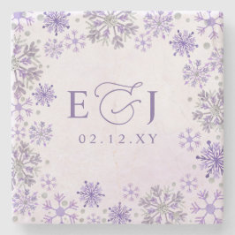 Monogram Silver Lila Snöflingor Vinter Bröllop Stenunderlägg