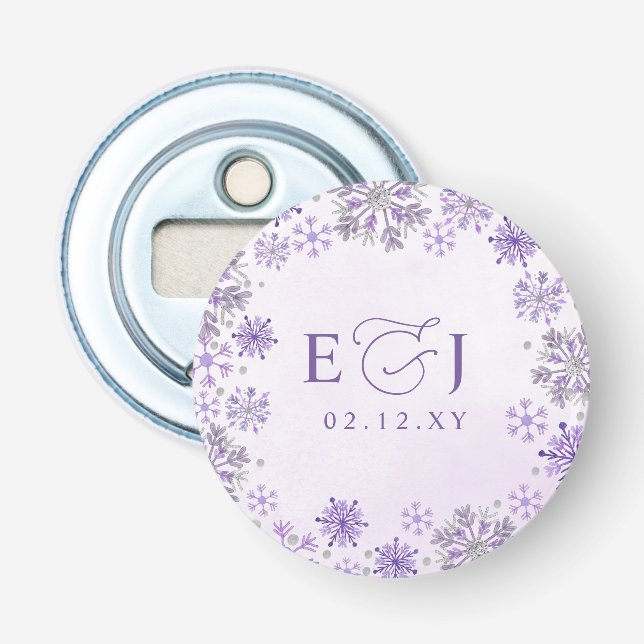Monogram Silver Lila Snöflingor Vinterbröllop Flasköppnare (Framsidan)